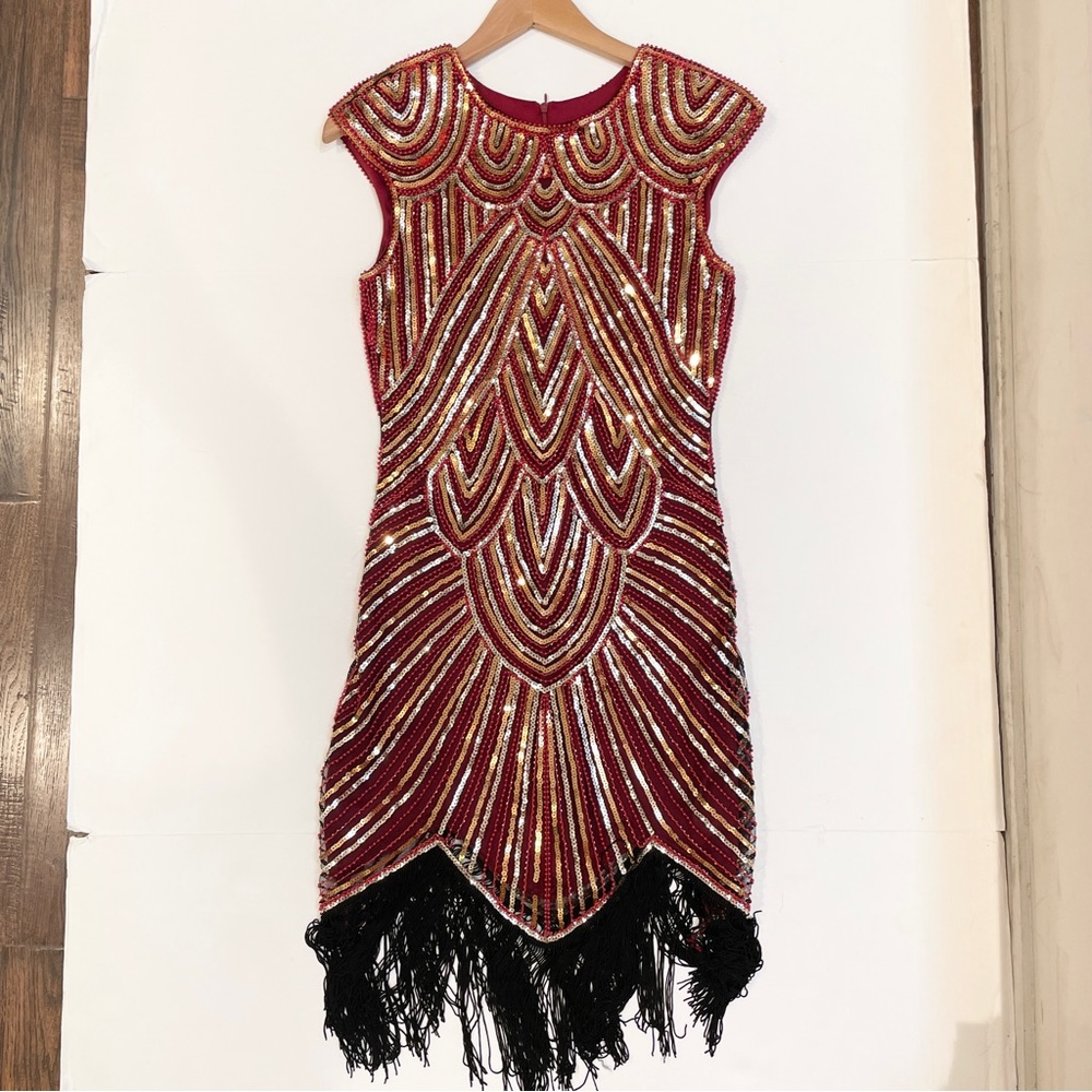 Babeyond 1920s Great Gatsby Flapper Dress red Gold Silver Black Sz S Costume